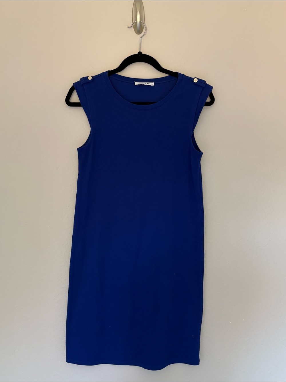 Lacoste Cobalt Blue Sleeveless Pique Shift Dress Gold Snap Shoulder - 36 (US 4)